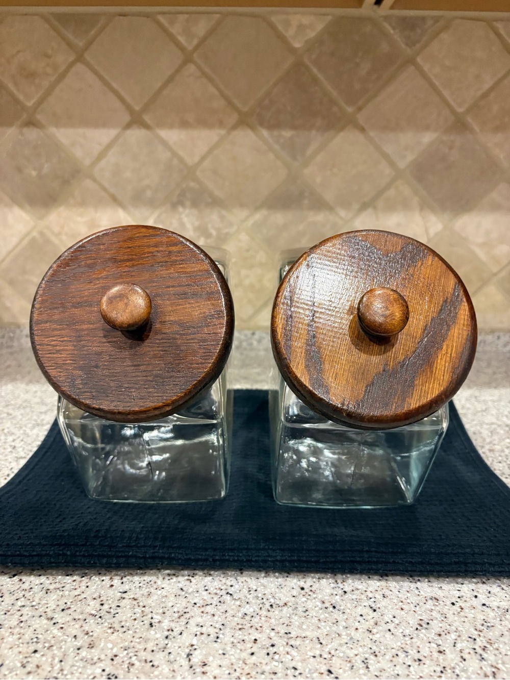 2 GLASS COOKIE CANDY OLD FASHIONED JARS W/ WOOD LIDS, Vintage